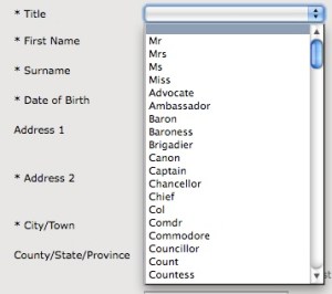 Title options for the Royal Opera House website registration form